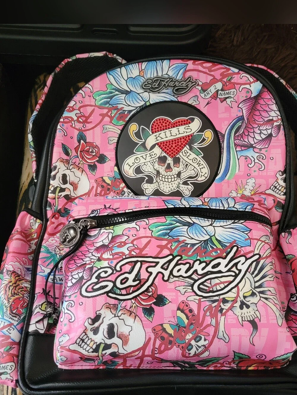 Ed Hardy Pink Tattoo-Print Backpack with Black Trim New